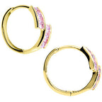 14k Yellow Gold Pink CZ Square Huggy Earrings