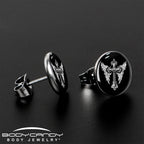 Black White Winged Cross Stud Earrings by Onyx O