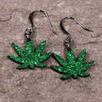Green Glitter Marijuana Pot Leaf Dangle Earrings