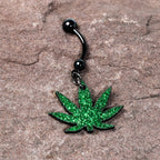 Green Glitter Marijuana Pot Leaf Black Dangle Belly Ring