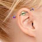 Custom Glow in the Dark Personalized Industrial Barbell in Rainbow Titanium