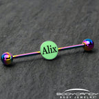 Custom Glow in the Dark Personalized Industrial Barbell in Rainbow Titanium