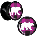 Pink Black Plaid Polar Bear Black Acrylic Saddle Plug Set Sizes 5mm to 20mm