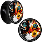 Colorful Trippy Cat Black Acrylic Saddle Plug Set 8mm to 20mm by Onyx O