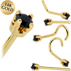 Solid 14K Yellow Gold 2mm Black Cubic Zirconia Nose Ring