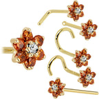 Solid 14K Yellow Gold Orange and Clear Cubic Zirconia Flower Nose Ring