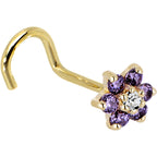 Solid 14K Yellow Gold Amethyst and Clear Cubic Zirconia Flower Nose Ring