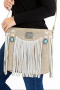 Small Tan Handbag with Turquoise and Fringe