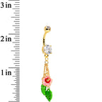 Clear Pink Flower Dangle Belly Ring Created with Crystals