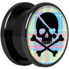 Pink Green Plaid Heart Skull Black Anodized Screw Fit Plug Set 5/8