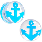 Clear Acrylic Double Flare Turquoise Blue Anchor Saddle Plug Set 6mm to 20mm