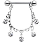 14G 5/8 Clear Gem Chain Drop Dangle Nipple Ring Set