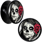 Black Acrylic Katrina Sugar Skull with Rose Flower Saddle Plug Set 5/8