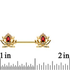 9/16 Red Clear Gem Gold PVD Red Hot Lotus Flower Nipple Barbell Set