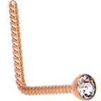 Clear 2mm Gem Inlay Rose Gold IP So Twisted L Shaped Nose Ring