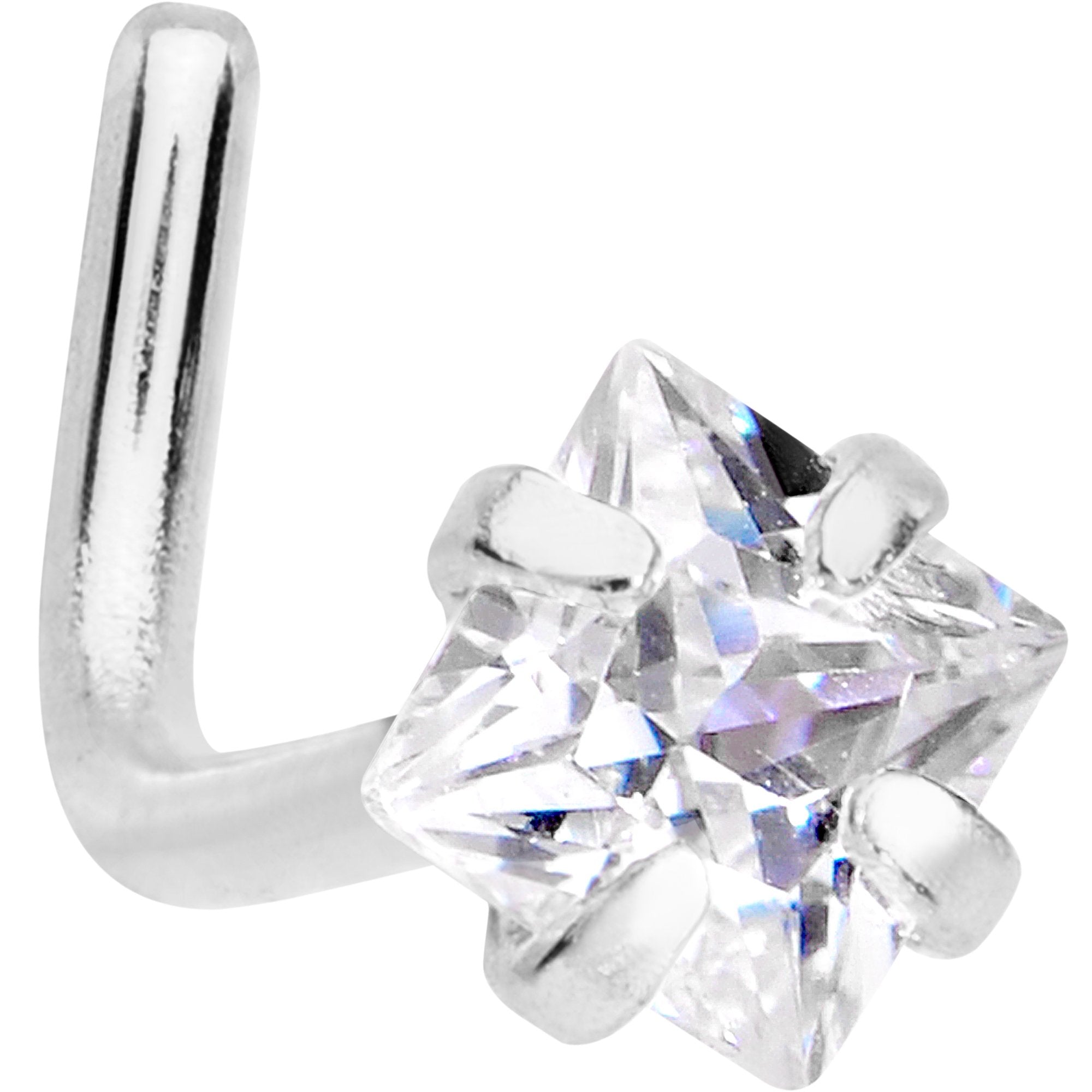 20G 1/4 Clear Square 2.5mm CZ Gem Steel L-Shape Nose Ring